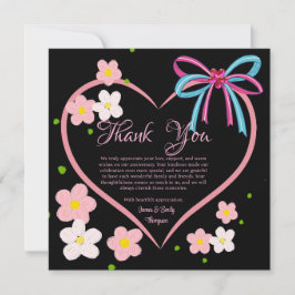 Tarjeta De Agradecimiento Aniversario del Boda negro y rosa floral minimalis