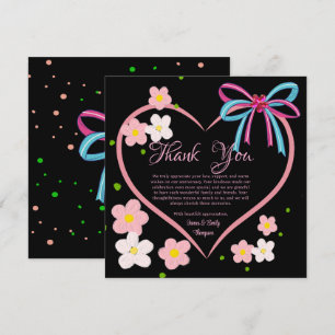 Tarjeta De Agradecimiento Aniversario del Boda negro y rosa floral minimalis