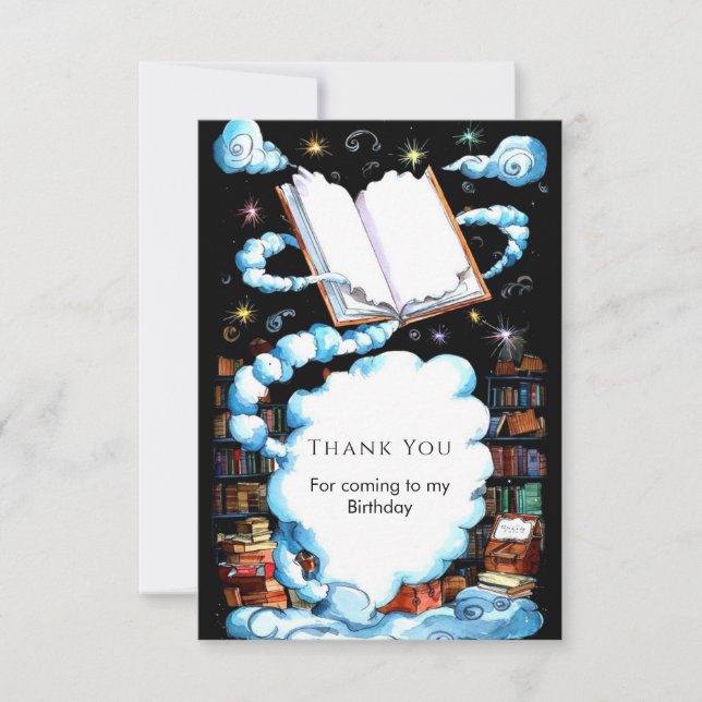 Tarjeta De Agradecimiento Aniversario del libro de cuentos mágico editable y (Anverso)