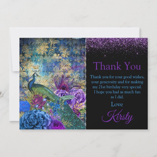 Tarjeta De Agradecimiento Aniversario del Pavo Real Azul y Púrpura Gracias (Anverso)