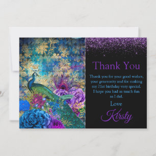 Tarjeta De Agradecimiento Aniversario del Pavo Real Azul y Púrpura Gracias