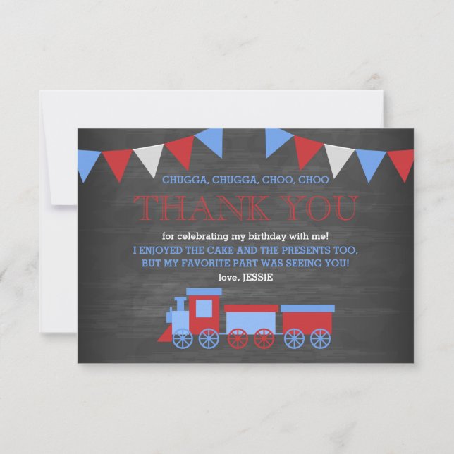 Tarjeta De Agradecimiento Aniversario del tren rojo y azul de Chalkboard Gra (Anverso)