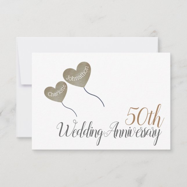 Tarjeta De Agradecimiento Aniversario dorado número 50 gracias globo corazón (Anverso)