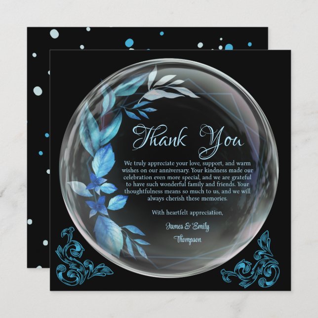 Tarjeta De Agradecimiento Aniversario moderno de hito floral azul negro (Anverso / Reverso)