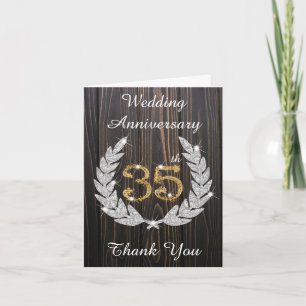 Tarjeta De Agradecimiento Aniversario número 35 Rustic Wood Diamond Laurel
