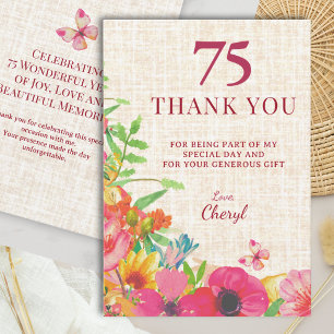 Tarjeta De Agradecimiento Aniversario número 75 con diseño de lino floral at