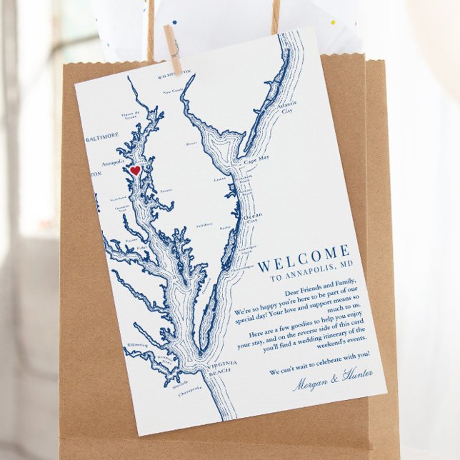 Tarjeta De Agradecimiento Annapolis Chesapeake Bay Boda Bienvenida a Itinera (These Chesapeake Bay Map wedding welcome letters include a schedule of events itinerary on the back)