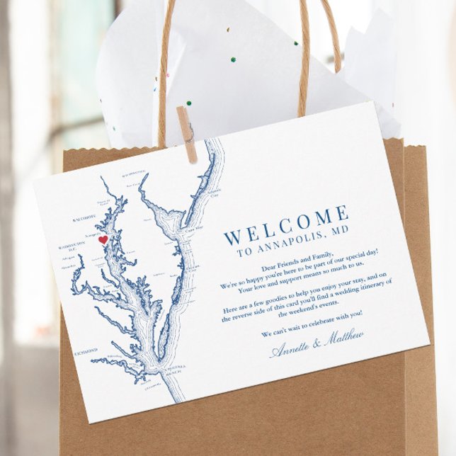 Tarjeta De Agradecimiento Annapolis Maryland Boda Bienvenida Itinerary (These Annapolis wedding welcome letters include your weekend events and wedding itinerary on back)
