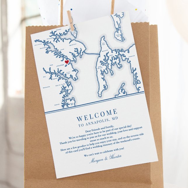 Tarjeta De Agradecimiento Annapolis Maryland Boda Bienvenida Itinerary (These Annapolis Wedding welcome letters include a weekend events itinerary on the back)