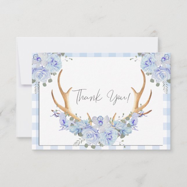 Tarjeta De Agradecimiento Antillas Florales de BOHO Blue Gingham (Anverso)