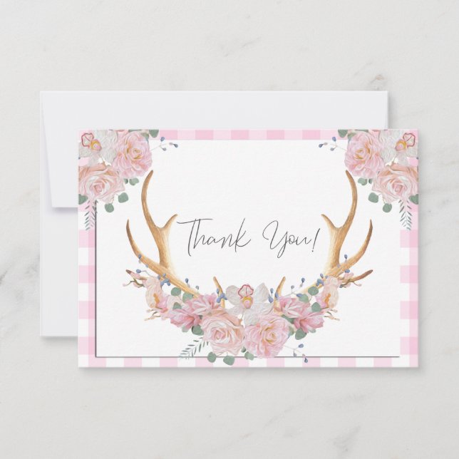 Tarjeta De Agradecimiento Antillas Florales de BOHO Pink Gingham (Anverso)