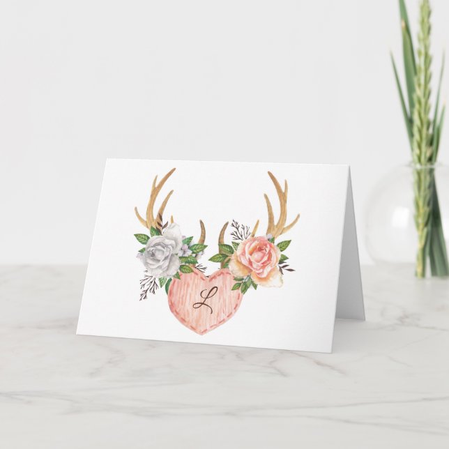 Tarjeta De Agradecimiento Antler Floral Monogramado Notecard - En blanco den (Anverso)