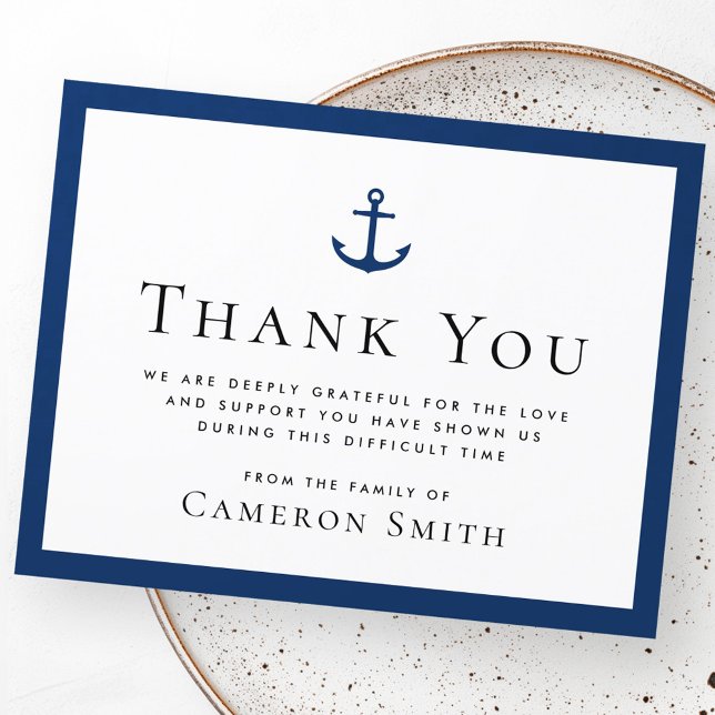 Tarjeta De Agradecimiento Anunciante náutico de la frontera azul oscuro comp (Nautical anchor dark blue border funeral sympathy thank you card)