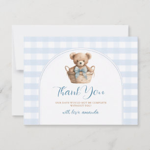 Tarjeta De Agradecimiento Apenas podemos esperar Blue Gingham Bear Baby Show
