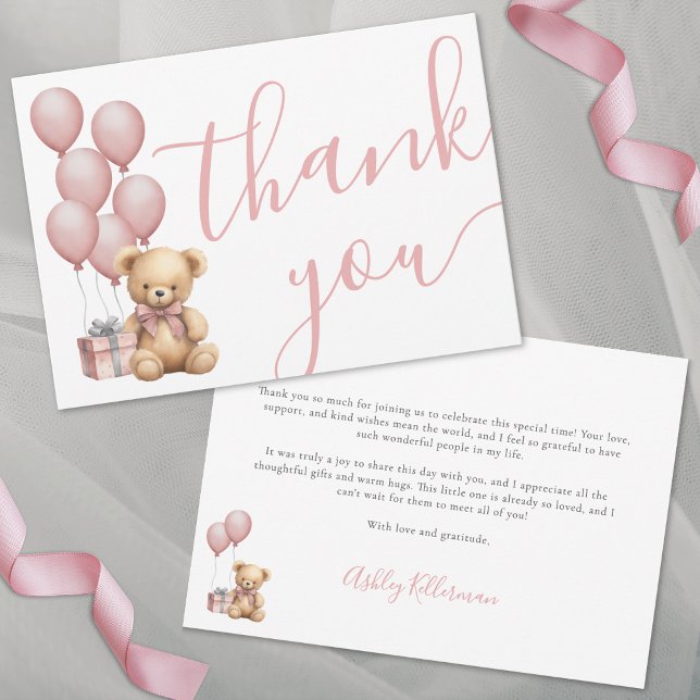 Tarjeta De Agradecimiento Apenas Podemos Esperar Fiesta de Bebé Rosa para Ni (We Can Bearly Wait Pink Girl Baby Shower Thank You Card)