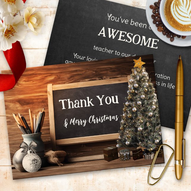Tarjeta De Agradecimiento Apreciación del profesor de Chalkboard navidades (Christmas Thank You card for a teacher, featuring a chalkboard with Christmas tree)