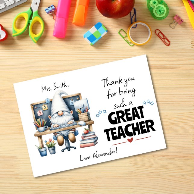 Tarjeta De Agradecimiento Apreciación del profesorado Gnome School Desk (Teacher Appreciation Gnome School Desk Thank You Card)