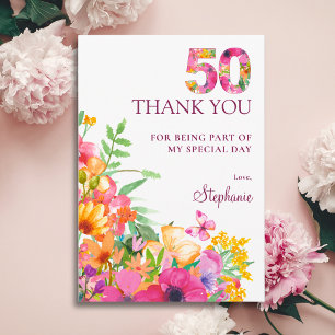 Tarjeta De Agradecimiento Apreciación floral por cumpleaños 50 Mariposa 50