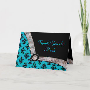 Tarjeta De Agradecimiento Aqua Azul y Negro Damask Gem Brillo