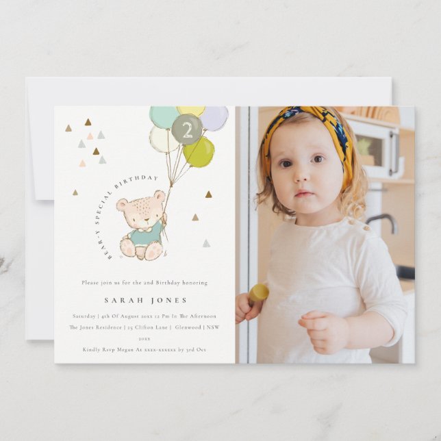 Tarjeta De Agradecimiento Aqua Bear Balloon Photo Any Age Birthday Invite (Anverso)