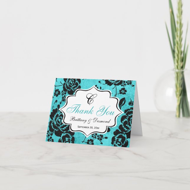 Tarjeta de agradecimiento Aqua Black Floral Damask (Anverso)