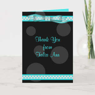 Tarjeta De Agradecimiento Aqua Black Polka Dot Ribbon Bat Mitzvah Gracias