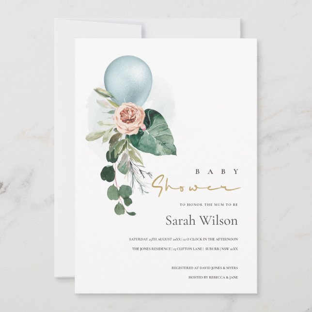 TARJETA DE AGRADECIMIENTO AQUA BLUE BALLOON FLORAL BUNCH BABY SHOWER INVITE (Anverso)