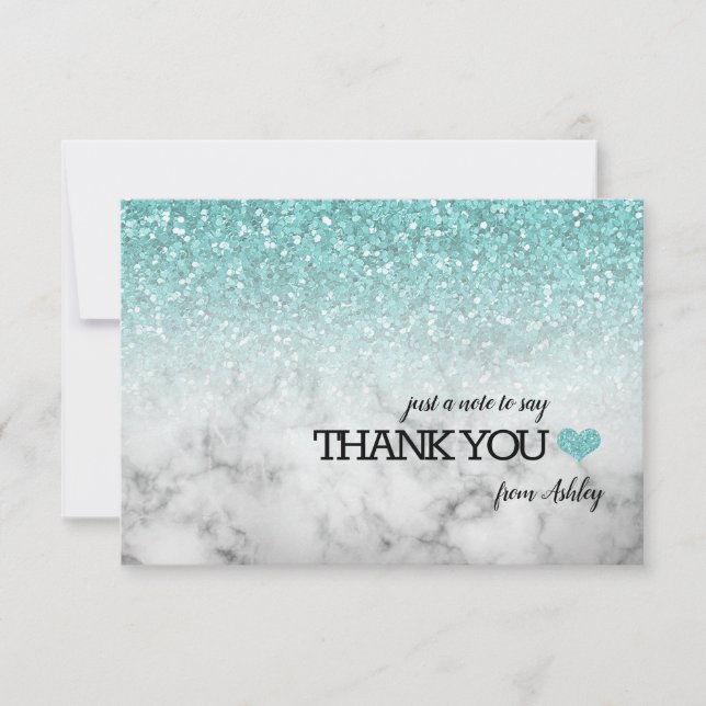 Tarjeta De Agradecimiento Aqua Blue Faux Purpurina/Marble Sweet 16 (Anverso)