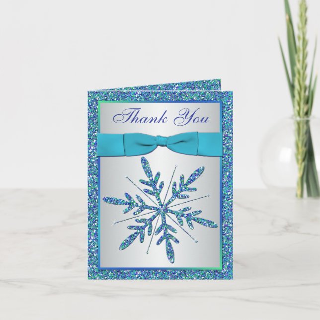 Tarjeta De Agradecimiento Aqua Blue Silver Snowflakes Photo Thank You Card (Anverso)