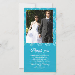 Tarjeta De Agradecimiento Aqua + copos de nieve blancos boda gracias foto
