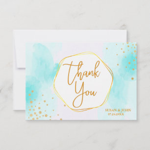 Tarjeta De Agradecimiento Aqua Cyan Blue Watercolor Gold Purpurina