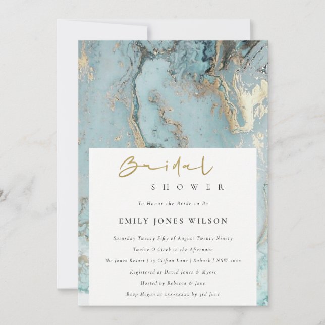 TARJETA DE AGRADECIMIENTO AQUA DUSKY AZUL GOLD AGATE BRIDAL DUCHA (Anverso)