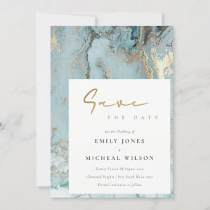 TARJETA DE AGRADECIMIENTO AQUA DUSKY AZUL GOLD AGATE SAVE THE FATE INVITE