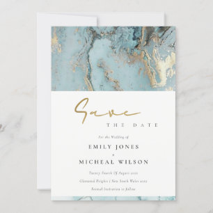 TARJETA DE AGRADECIMIENTO AQUA DUSKY AZUL GOLD AGATE SAVE THE FATE INVITE