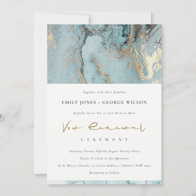 TARJETA DE AGRADECIMIENTO AQUA DUSKY AZUL ORO AGATE VOW RENEWAL INVITE (Anverso)