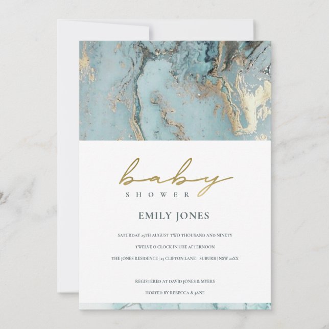 TARJETA DE AGRADECIMIENTO AQUA DUSKY BLUE GOLD AGATE BABY SHOWER INVITE (Anverso)