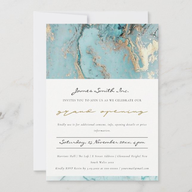 TARJETA DE AGRADECIMIENTO AQUA DUSKY BLUE GOLD AGATE GRAND OPENING (Anverso)