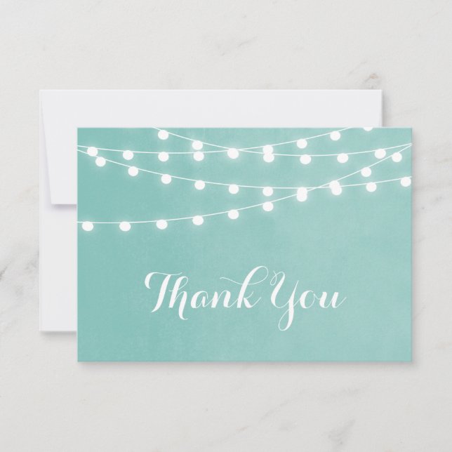 Tarjeta De Agradecimiento Aqua String Lights Boda Gracias (Anverso)