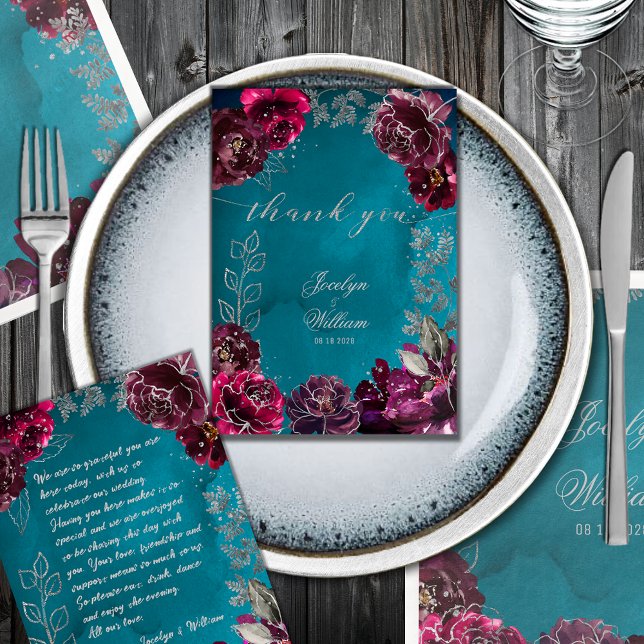 Tarjeta De Agradecimiento Aqua Verde azulada Merlot Jewel Tone Boda Cena Pla (Aqua Teal Merlot Jewel Tone Wedding Place Setting Thank You Card with heartfelt writing on the back)