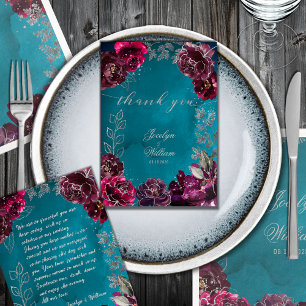 Tarjeta De Agradecimiento Aqua Verde azulada Merlot Jewel Tone Boda Cena Pla