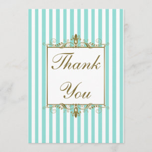 Tarjeta De Agradecimiento Aqua, White Stripes Gold Scrolls FOTO Gracias