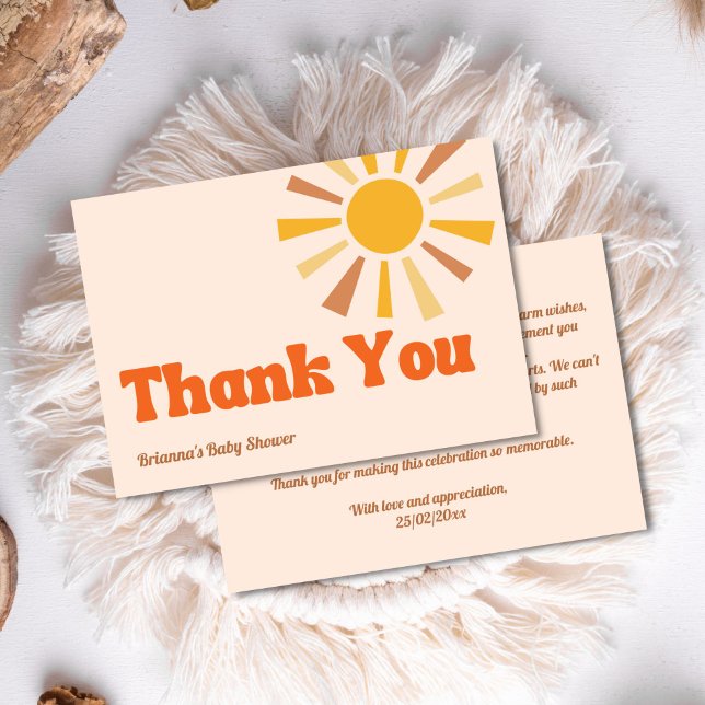 Tarjeta De Agradecimiento Aquí viene el hijo groovy retro baby shower (Here comes the son groovy retro vibes baby shower thank you card )