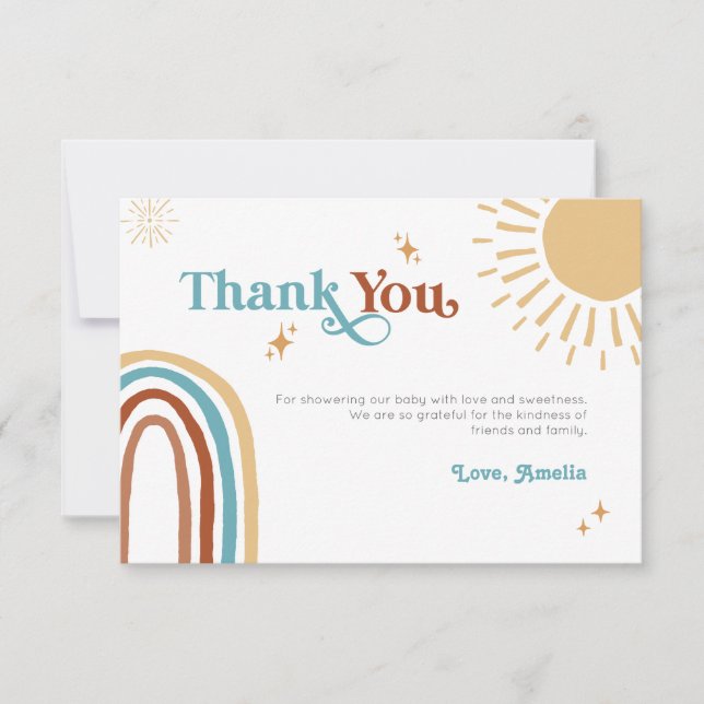 Tarjeta De Agradecimiento Aquí viene el hijo retro Boho Baby Shower (Anverso)