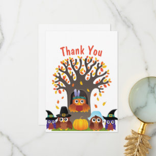 Tarjeta De Agradecimiento Árbol de Acción de Gracias con lindos búhos