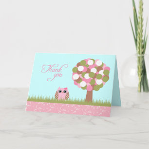 Tarjeta De Agradecimiento Árbol de búho rosado lindo con ducha de bebé, tarj