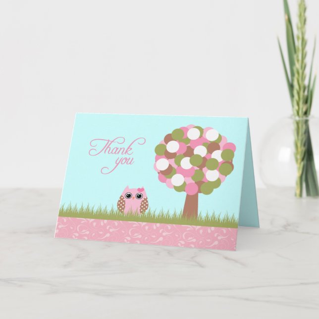 Tarjeta De Agradecimiento Árbol de búho rosado lindo con ducha de bebé, tarj (Anverso)