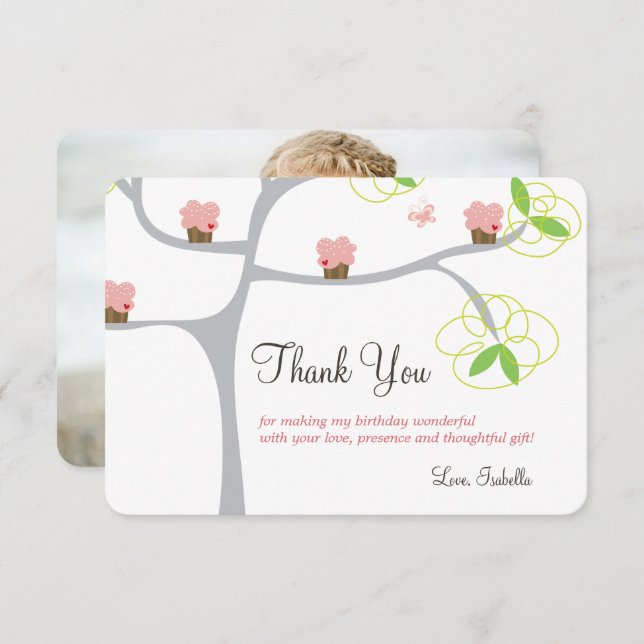 Tarjeta De Agradecimiento Árbol de Cupcakes Rosados Caprichosos Foto de Cump (Anverso / Reverso)