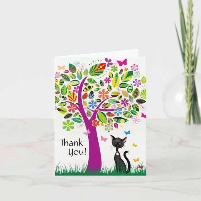 Tarjeta De Agradecimiento Árbol de gato negro y flor de Bonito (Anverso)