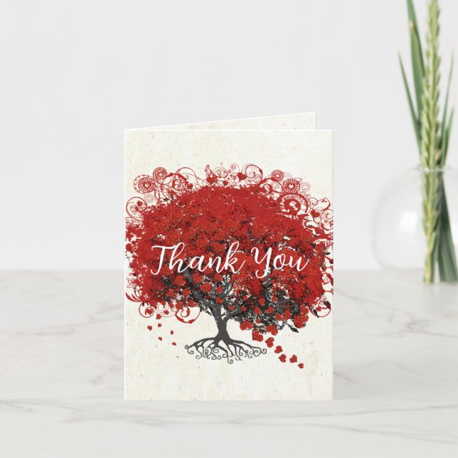 Tarjeta De Agradecimiento Árbol de hojas del corazón rojo (Anverso)