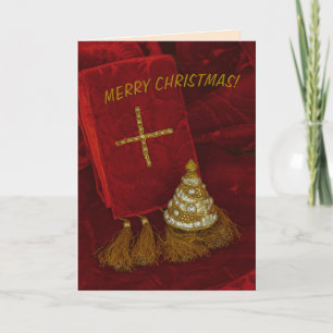 Tarjeta De Agradecimiento árbol de Navidad cruz dorada texto Feliz Navidad